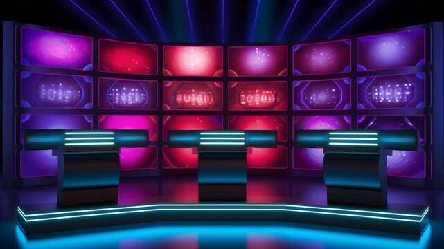 Game Show Set with Colorful LED Background and Three Podiums in Neon Light