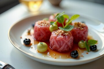Exquisite seafood dish presented artistically on a white plate with garnishes