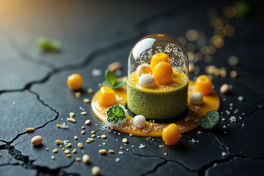 Molecular dessert composition with floating matcha cake layers, yuzu cheese spheres, and coconut espuma