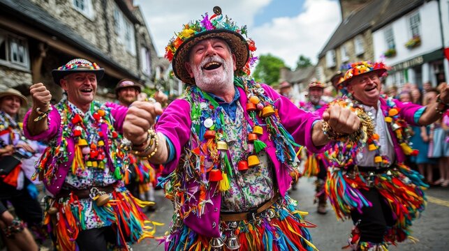 A lively group of Morris dancers in traditional attire with ankle bells performing in an English town square