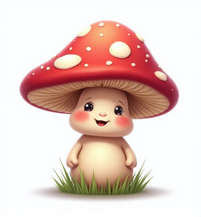 Cute Mushroom Character with Red Cap, Adorable 2D Kids Illustration on White Background


