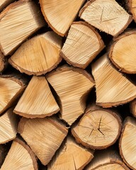 Fototapeta premium A close-up view of neatly stacked, cut logs displaying their natural wood grain and textures.