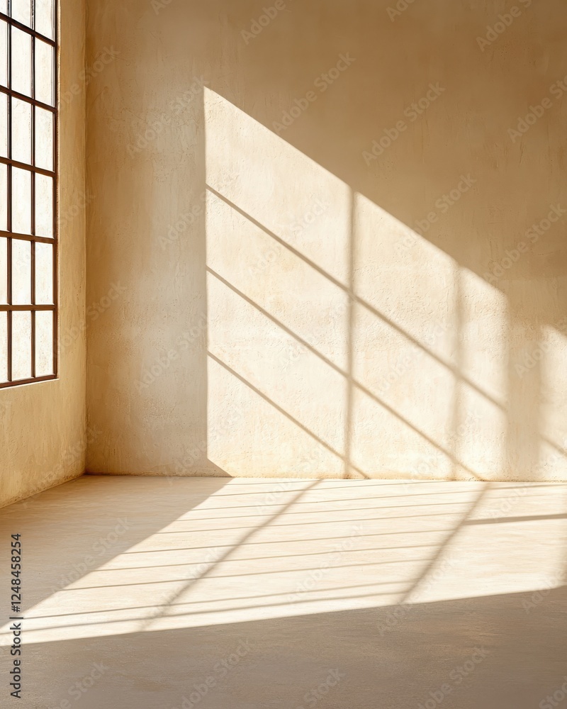 Poster a minimalist interior with soft sunlight casting diagonal shadows on a smooth wall and floor, creati