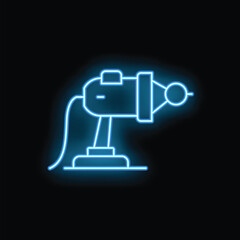 Blue glowing neon sign of an electric hand drill on a black background