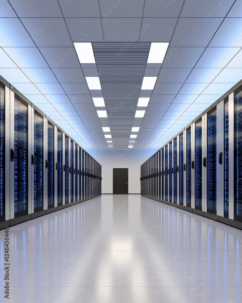 Poster a sleek data center corridor lined with server racks, illuminated by bright overhead lights, showcas