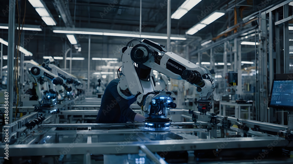 Poster an industrial robot arm in a modern factory. the robot is working on an assembly line, precisely and