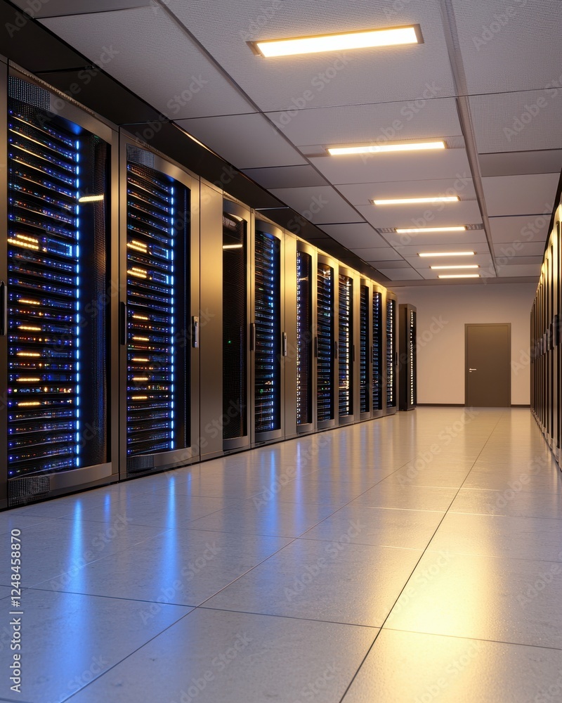 Aufkleber a modern data center corridor lined with rows of servers emitting blue light, showcasing a high-tech