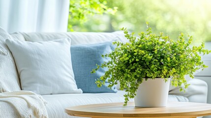 Green Plant in White Pot on Wooden Table in Living Room