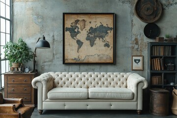 Cozy living room setup with world map home interior contemporary design