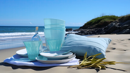 Coastal Summer Picnic: Turquoise Glassware and Soft Blue Pillow on Sandy Beach