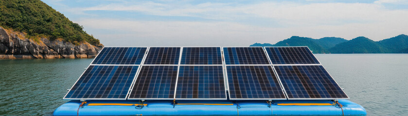 Harnessing renewable energy, solar panels on floating platform in serene coastal landscape