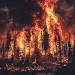 A devastating wildfire engulfs a dense forest, with flames and thick smoke filling the air. The intense heat and destruction highlight the impact of climate change and deforestation.