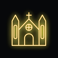Neon sign depicting a church building with glowing yellow light