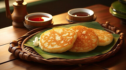 Golden-brown pancakes on banana leaf with tea