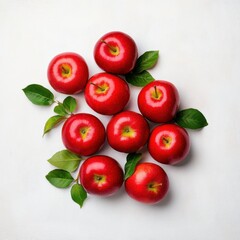 Fresh Red Apples with Green Leaves Arranged on a Light Background for Healthy Food Concept