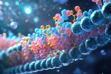 Intricate molecular structure featuring colorful spheres connected in a chain pattern on background, showcasing the complexity and beauty of cellular peptides in macro photography