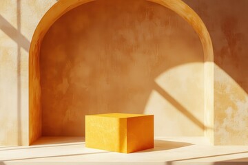 Yellow cube on sunlit pedestal in arched niche.