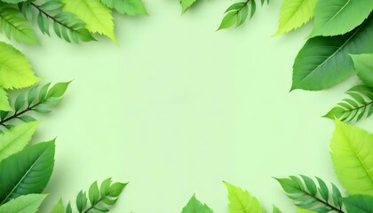 Naklejka premium Hojas verdes dispuestas alrededor de los bordes de un fondo verde claro, creando un efecto de marco con un centro en blanco