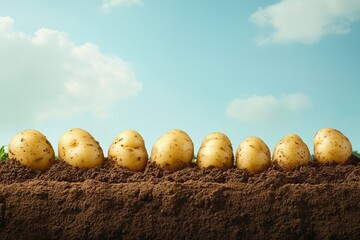 Row of planted potatoes surrounded by mounds of earth under clear blue sky. Generative AI