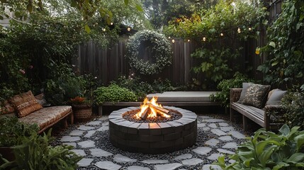 Cozy Eco Friendly Fire Pit in a Lush Backyard Garden with Sustainable Seating
