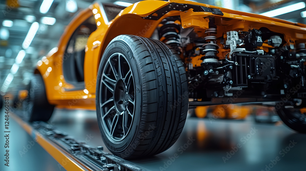 Poster a close-up view of an orange car's wheel and suspension system in a factory setting, showcasing auto