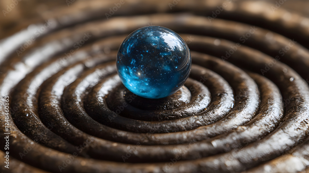 Poster A sparkling blue marble rests on a spiral pattern, showcasing reflections and textures that create an intriguing visual contrast