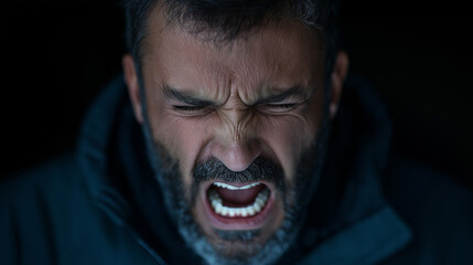 A man with a beard and a black hoodie is screaming