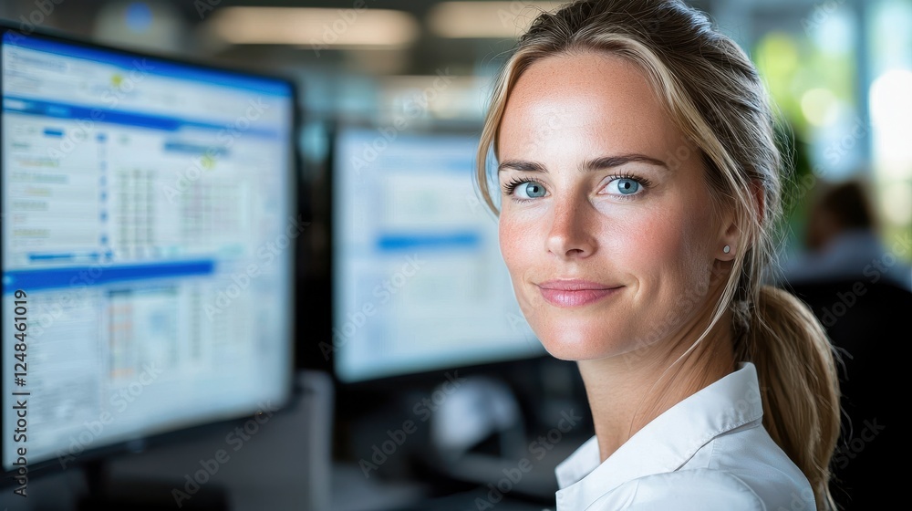 Poster focused and confident businesswoman analyzing financial data and digital invoice on computer screen 