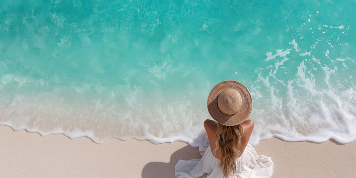 A woman is sitting on the beach wearing a straw hat and a white dress - Powered by Adobe