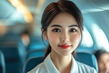 Fototapeta premium Young asian businesswoman smiling during flight on airplane