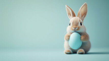 Obraz premium A small bunny holds an Easter egg on a flat background, ready for personalization.