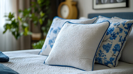 A cozy bedroom setup featuring decorative pillows with floral patterns on a neatly made bed, surrounded by greenery and warm lighting
