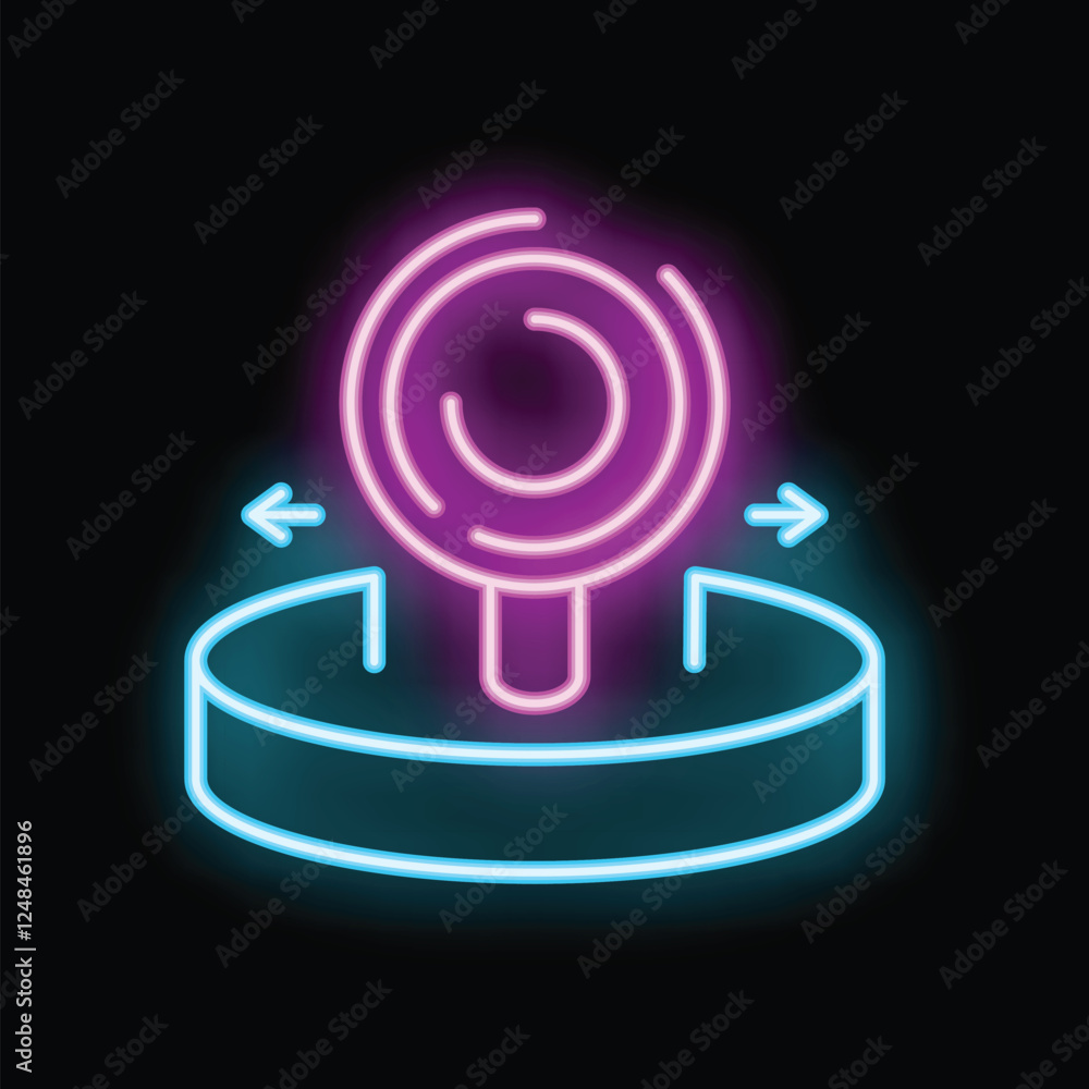Poster neon icon representing data analysis, featuring a magnifying glass over a platform with arrows conve