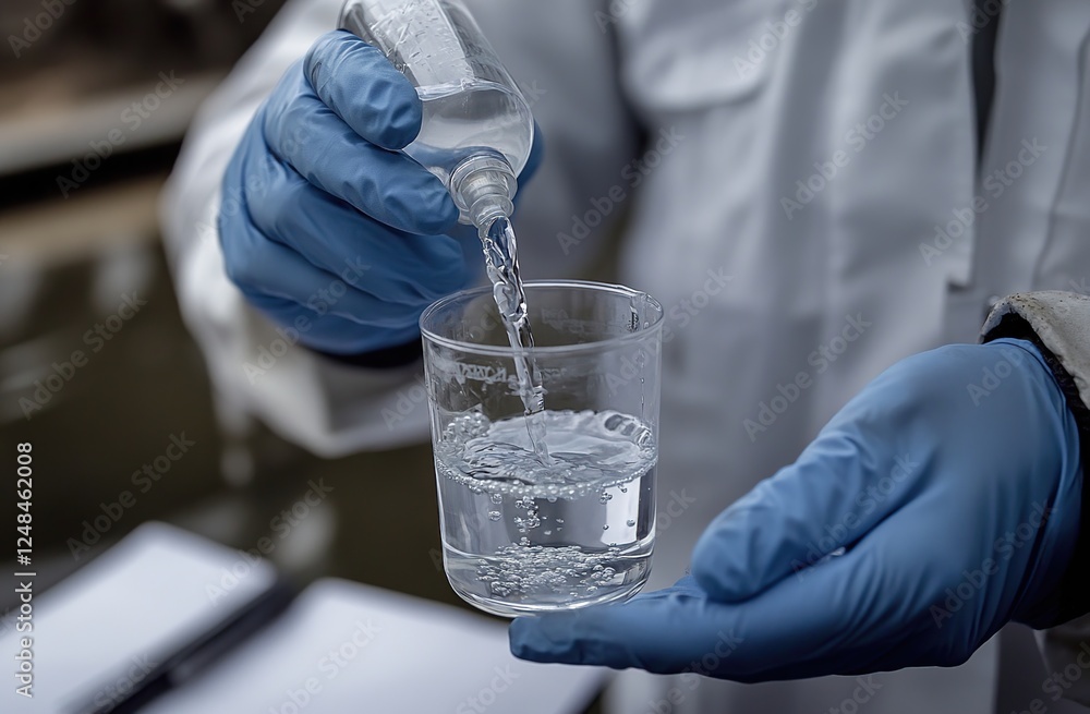 Poster scientist pours liquid sample into beaker for analysis in lab setting