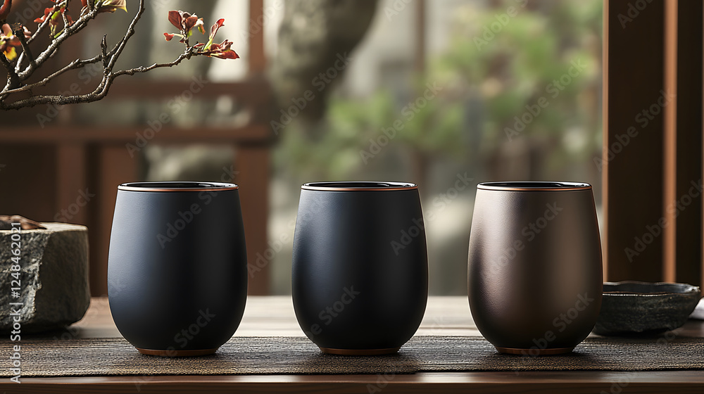 Poster three elegant cups in varying shades sit on a textured surface, complemented by a serene background 
