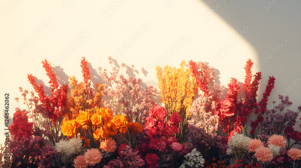 Aufkleber A vibrant display of colorful flowers against a light background, showcasing an array of hues from reds to yellows and pinks