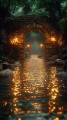 Obraz premium Stone Arch Bridge, Lantern Lit Path, Water Reflections, Night Scene