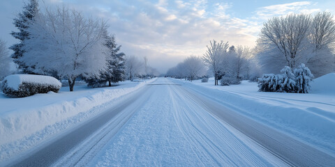 Obraz premium A snowy road with trees in the background