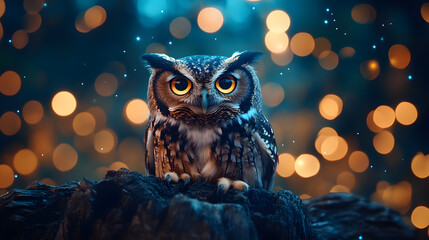 A striking owl perched on a log, illuminated by sparkling bokeh lights in a dark, enchanting setting