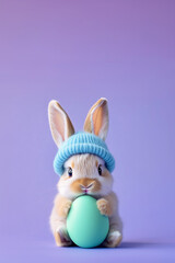 Obraz premium A small bunny holds an Easter egg on a flat background, ready for personalization.