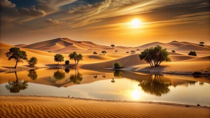 Serene Desert Oasis at Sunset Golden Sands Reflecting in a Calm Lake, Framed by Silhouetted Trees and a Vibrant Sky