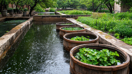 Fototapeta premium Urban area with bioswales, rain barrels, and lush greenery creating resilient ecosystem