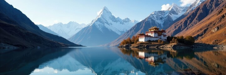 Fototapeta premium Ama Dablam and Tengboche Monastery in reflection of Lake Phakchhu, Tranquil, Serene
