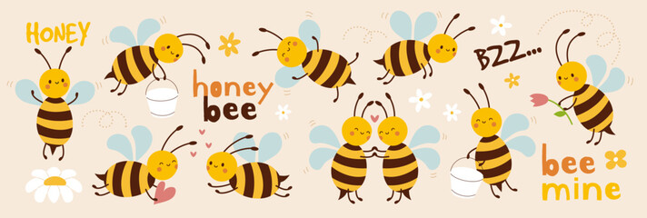 Bee cute. Animal love flowers. Insect Easter graphic element. Cartoon honeycomb in beehive. Icon of bumblebee buzzing hornet. Childish character. Vector honey mascot cartoon flat isolated illustration