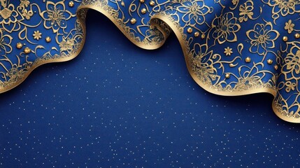 Blue Fabric with Gold Floral Pattern and Beads