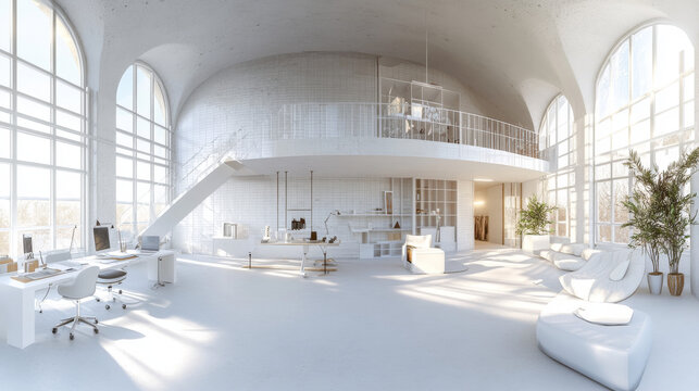 360 degree full panorama environment map of empty office loft interior with white tiled floor and bright day lighting 3d render illustration hdri hdr vr virtual reality content