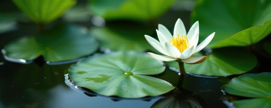 Aquatic plant with white blooms on pond surface, aquatic plant, pond life, Nymphaea candida
