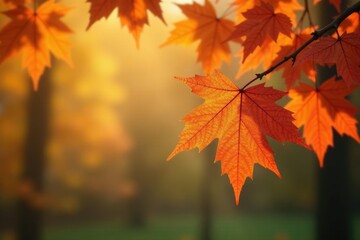 Fototapeta premium Autumnal scene with orange maple leaves against soft focus background, leaves, branches