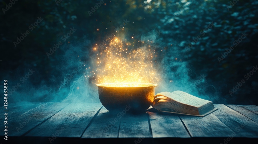 Poster Magical Cauldron Glowing With Sparks Beside Open Book