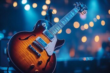 Electric guitar with colorful stage lights in the background